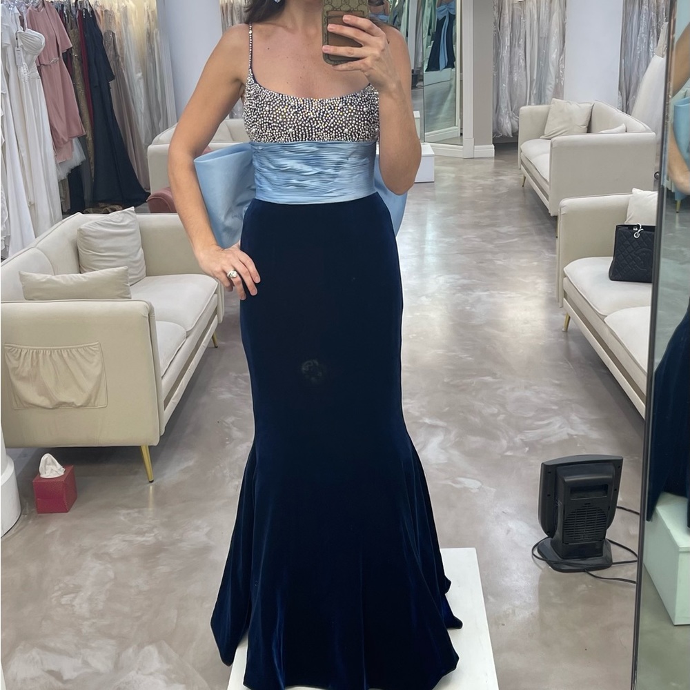 Jovani blue velvet gown size 2 - Picture 3 of 7